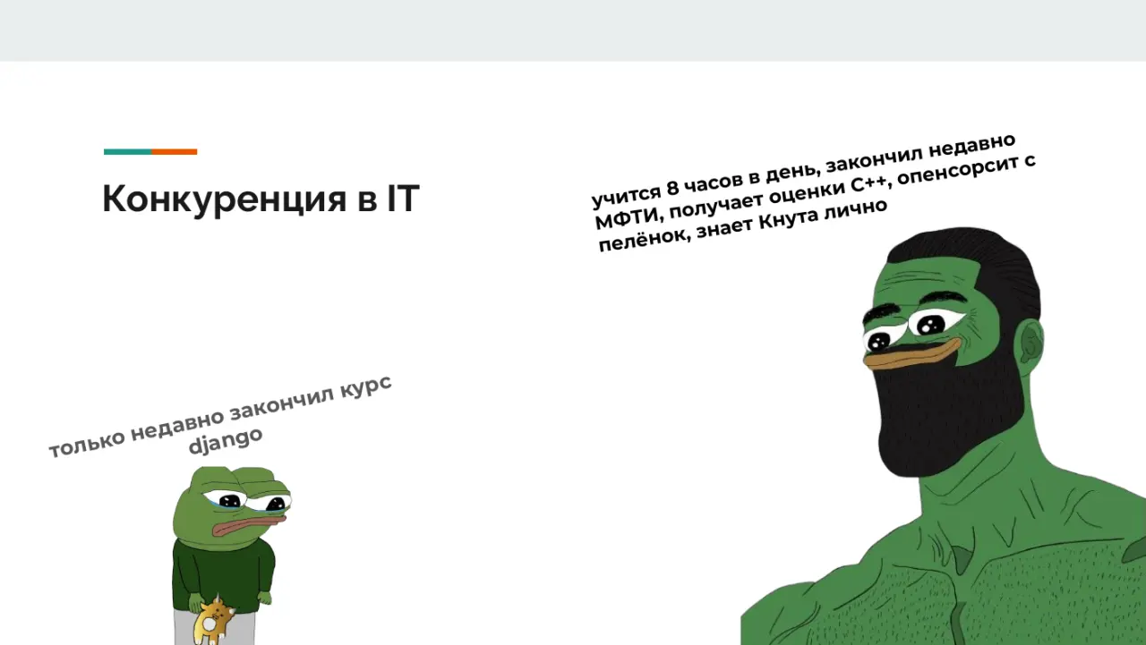 Слайд 9: Конкуренция в IT учится 8 часов в день, закончил недавно